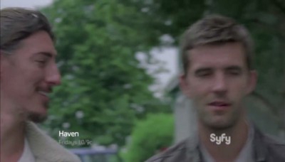 Haven S4x06 - Duke and Nathan smirk at Gloria's Club Med drinking joke