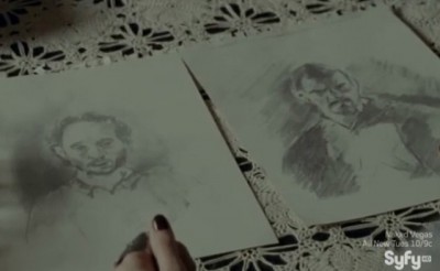 Haven S4x09 - Audrey is shown drawings of Sinister Man and Heavy from Wormhole bar barn
