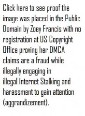 Click to see proof that Zen4Zoey aka Zoey Francis placed the image in the Public Domain documenting her DMCA claim is a fraud while engaing in in illegal Internet Stalking harassment on more than one occassion