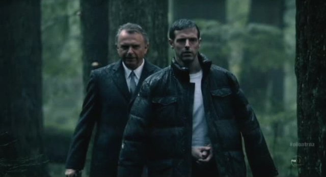 Alcatraz S1x01 - Hauser and Sylvane approach in a rain forest