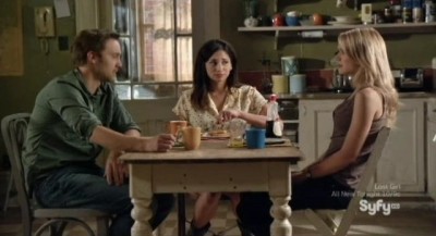 Being Human S3x05 - Three quarters of the gang in the kitchen munching waffles