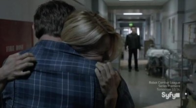 Being Human S3x07 - Josh and Nora hugs with Aidan in the distance