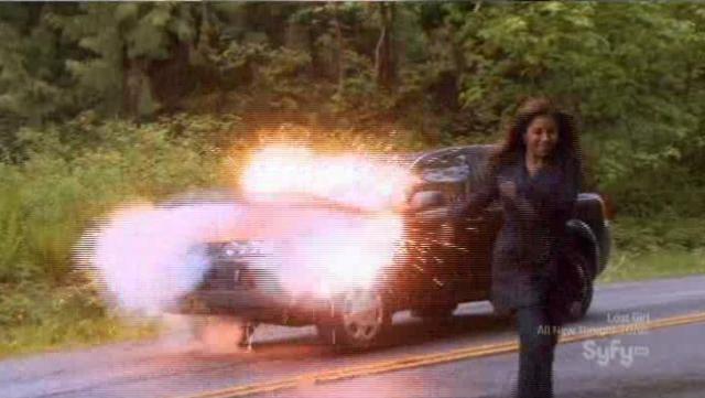 Allison escapes her exploding car