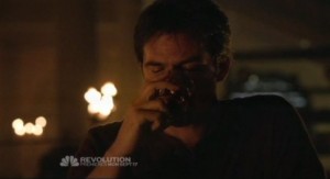 Revolution S1x01 - Uncle Miles takes a shot of Single Malt before the battle he knows is coming