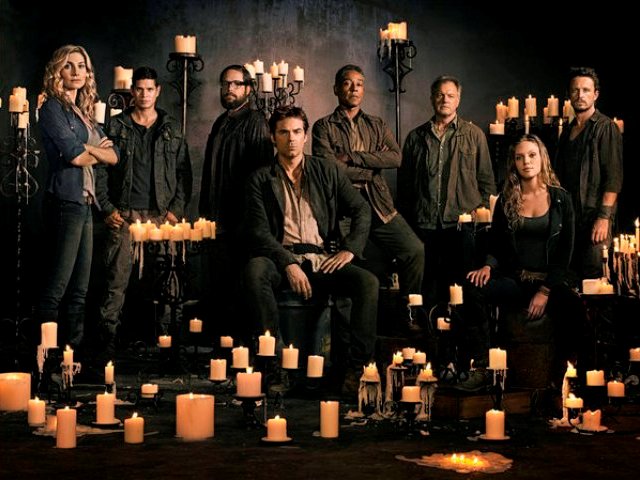 Revolution S2 cast banner -- Pictured: (l-r) Elizabeth Mitchell as Rachel Matheson, JD Pardo as Jason Neville, Zak Orth as Aaron Pittman, Billy Burke as Miles Matheson, Giancarlo Esposito as Major Tom Neville, Stephen Collins as Dr. Gene Porter, Tracy Spiridakos as Charlie Matheson, David Lyons as Gen. Sebastian Monroe -- (Photo by: Nino Munoz/NBC)