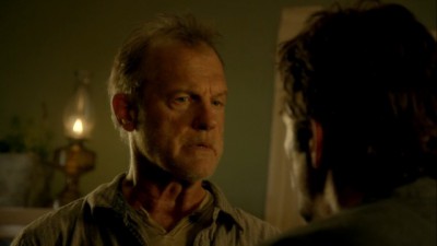 Revolution S2x01 - Gene accuses Miles of sleeping with Rachel before the power went out and tells him to stay away from her