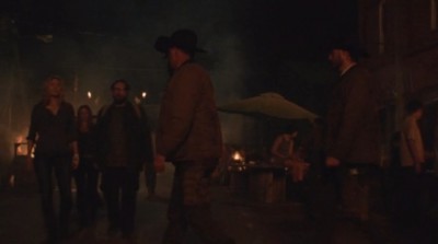 Revolution S2x06 - Aaron Rachel and Charlie are passed by the Texas Rangers outside the saloon