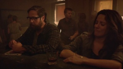 Revolution S2x06 - Aaron and Bonnie Webster have a drink where he learns she is Patriot Press Corps