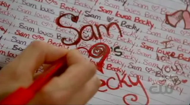 Supernatural S7x08 - Becky writing Sam loves Becky over and over and over again.