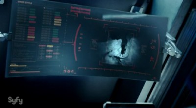 The Expanse S1x08 The Rocinante scope scans the ship inside the asteroid