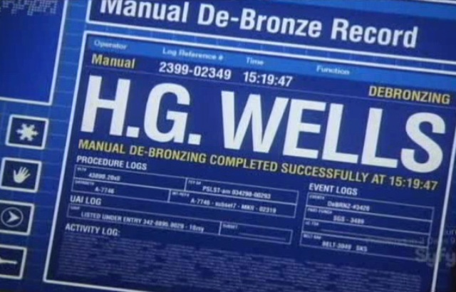 Warehouse 13 S2x01 - HG Wells has been de-bronzed according to the computer screen