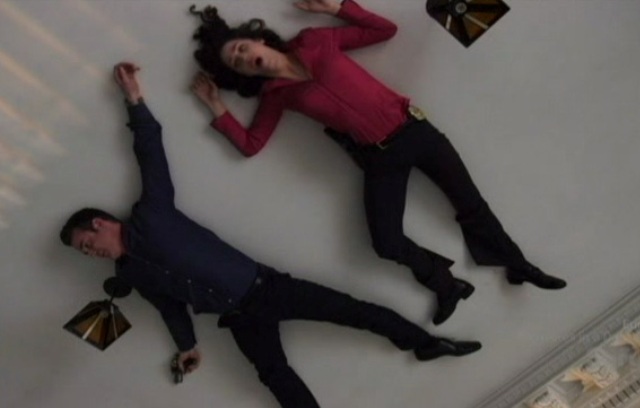 Warehouse 13 S2x01 - Pete and Myka on the ceiling