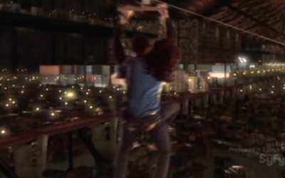 Warehouse 13 S2x01 - Pete and Myka on the zip line